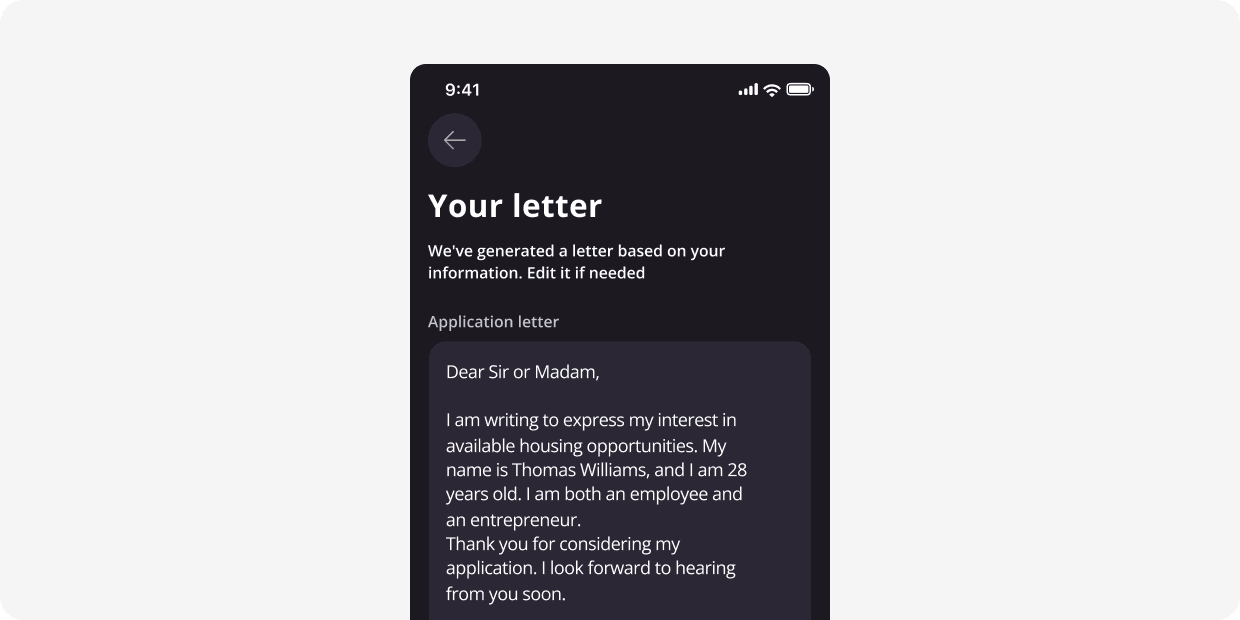 A generated introduction letter inside the Findify app