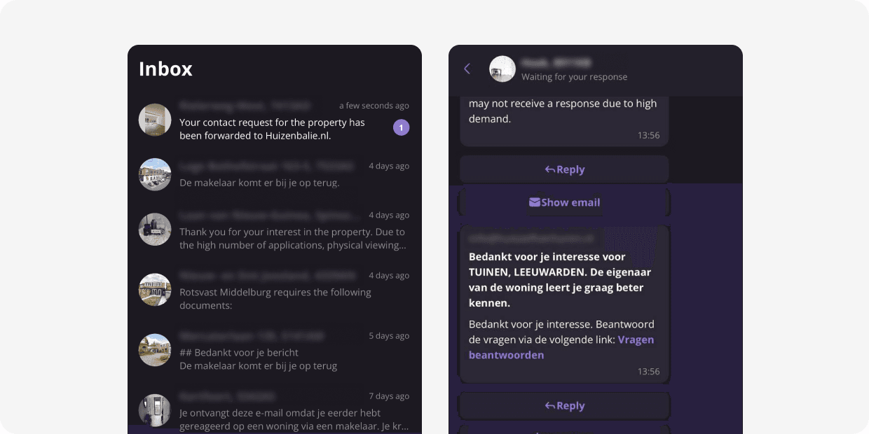 The Findify inbox with landlord replies