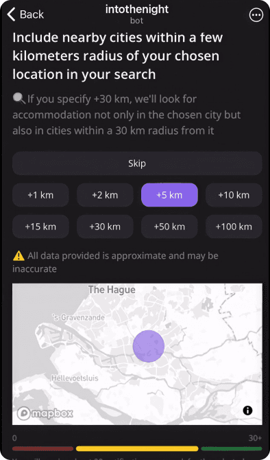 Search radius settings inside the Telegram mini-app