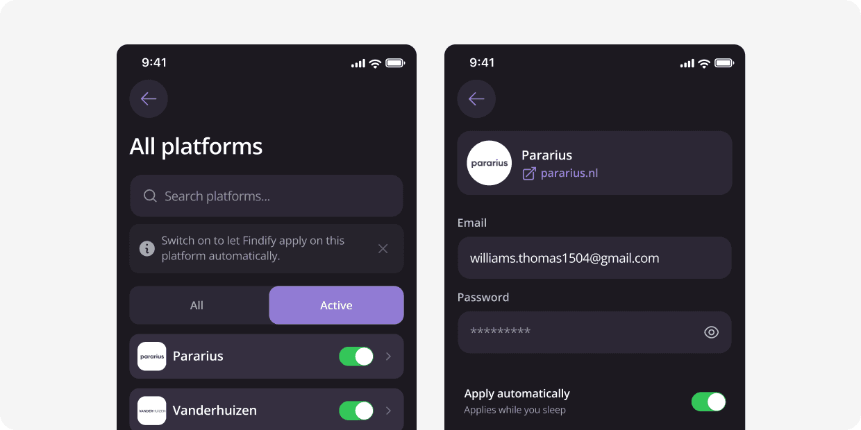 Platform list and automatic application settings in the Findify app